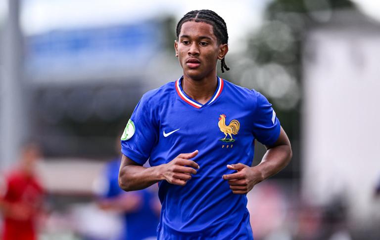 Northern Ireland , United Kingdom - 16 July 2024; Senny Mayulu of France during the UEFA European U19 Championship Finals match between France and Türkiye at Seaview in Belfast, Northern Ireland. (Photo By Ben McShane/Sportsfile via Getty Images)