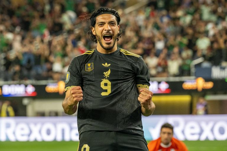 INGLEWOOD, CALIFORNIA - JUNE 14: Raul Jimenez #9 of Mexico celebrates after scoring a goal during the second half of the Gold Cup match against Dominican Republic at SoFi Stadium on June 14, 2025 in Inglewood, California. Mexico won 3-2. (Photo by Shaun Clark/Getty Images)