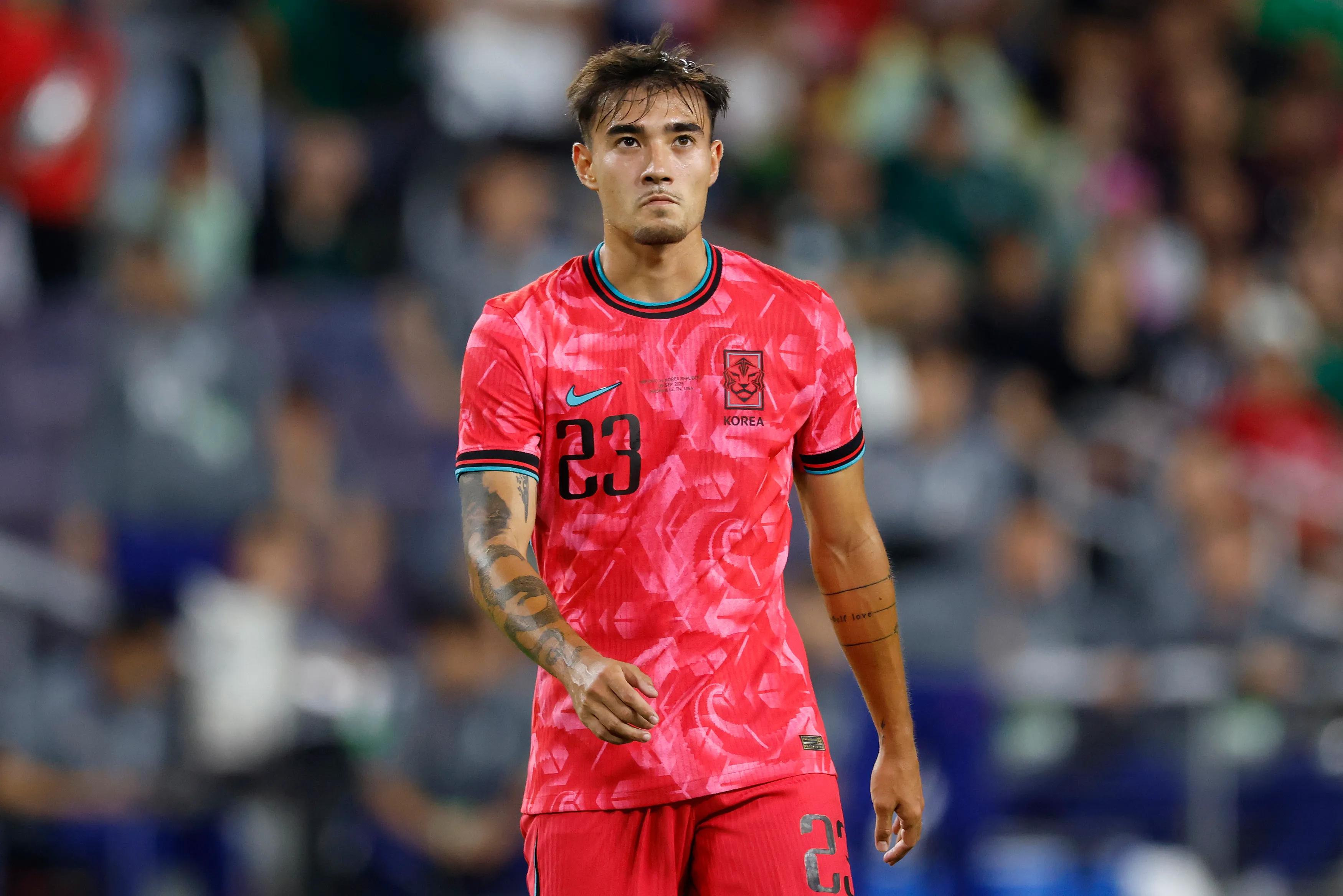 Jens Castrop NASHVILLE, TENNESSEE - SEPTEMBER 09: Jens Castrop #23 of South Korea reacts to a play during the first half of the match against the Mexico at GEODIS Park on September 09, 2025 in Nashville, Tennessee. (Photo by Johnnie Izquierdo/Getty Images)