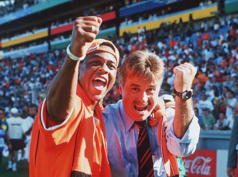 1998 World Cup Finals, Quarter Final, Marseille, France, 4th JULY 1998, Argentina 1 v Holland 2, Holland's coach and player Patrick Kluivert celebrate their teams victory (Photo by Paul Popper/Popperfoto via Getty Images/Getty Images)