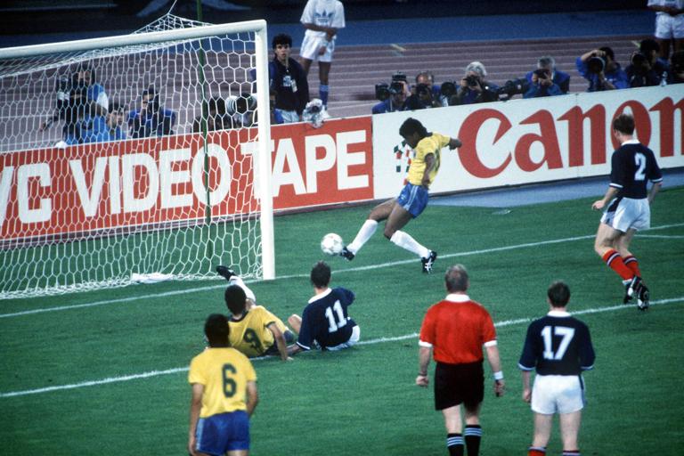 1990 World Cup Finals, Turin, Italy, 20th June, 1990, Brazil 1 v Scotland 0, Brazil's Muller scores the only goal late on in the game to eliminate Scotland from the tournament (Photo by Bob Thomas Sports Photography via Getty Images)